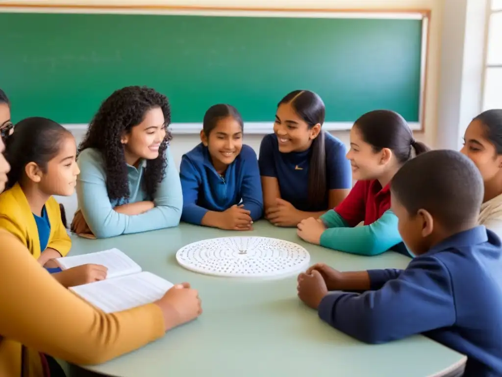 Inclusión educativa en Uruguay: Estudiantes diversos colaboran en armonía, rodeados de materiales inclusivos en un aula