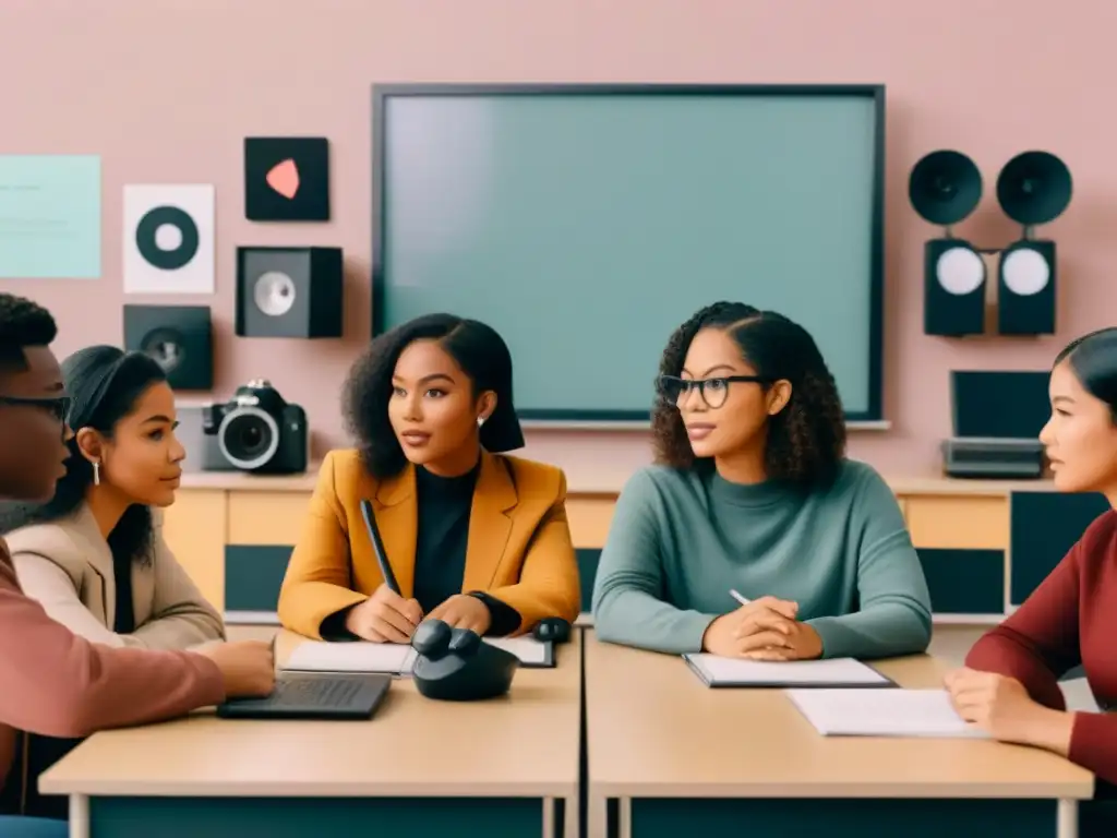 Discusión educativa sobre cultura pop con estudiantes diversos en aula