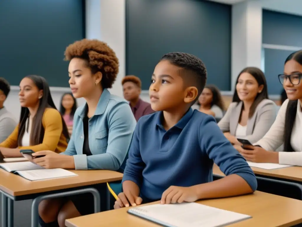 Transformación educativa en Uruguay: Estudiantes diversos colaboran con entusiasmo en aula moderna