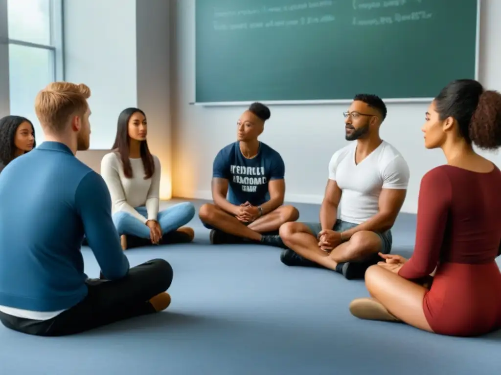 Diálogo inclusivo: estudiantes diversos colaborando en aula luminosa Inclusión educativa: estudiantes de diversas edades y etnias colaborando en un aula luminosa y moderna
