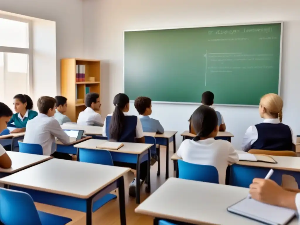 Innovación educativa en Uruguay: aula diversa y moderna Innovación educativa en Uruguay: Ilustración minimalista de estudiantes en aula con herramientas tradicionales y digitales