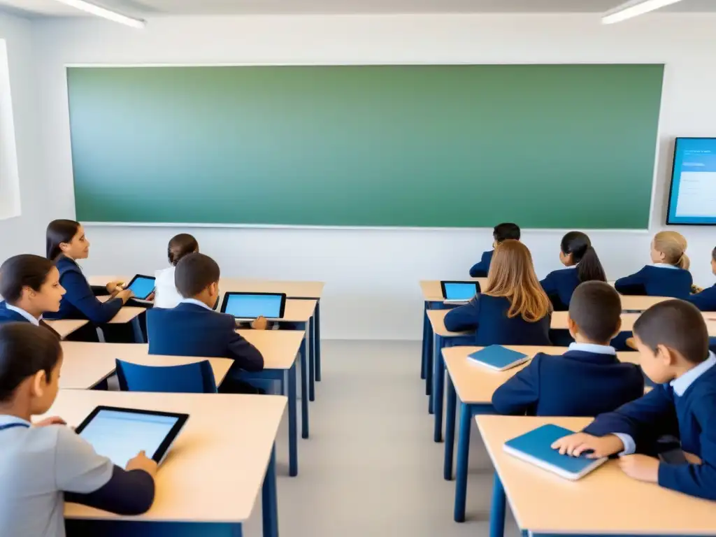 Innovación educativa en Uruguay: aula moderna con tecnología educativa, estudiantes interactuando con tabletas y pizarras inteligentes