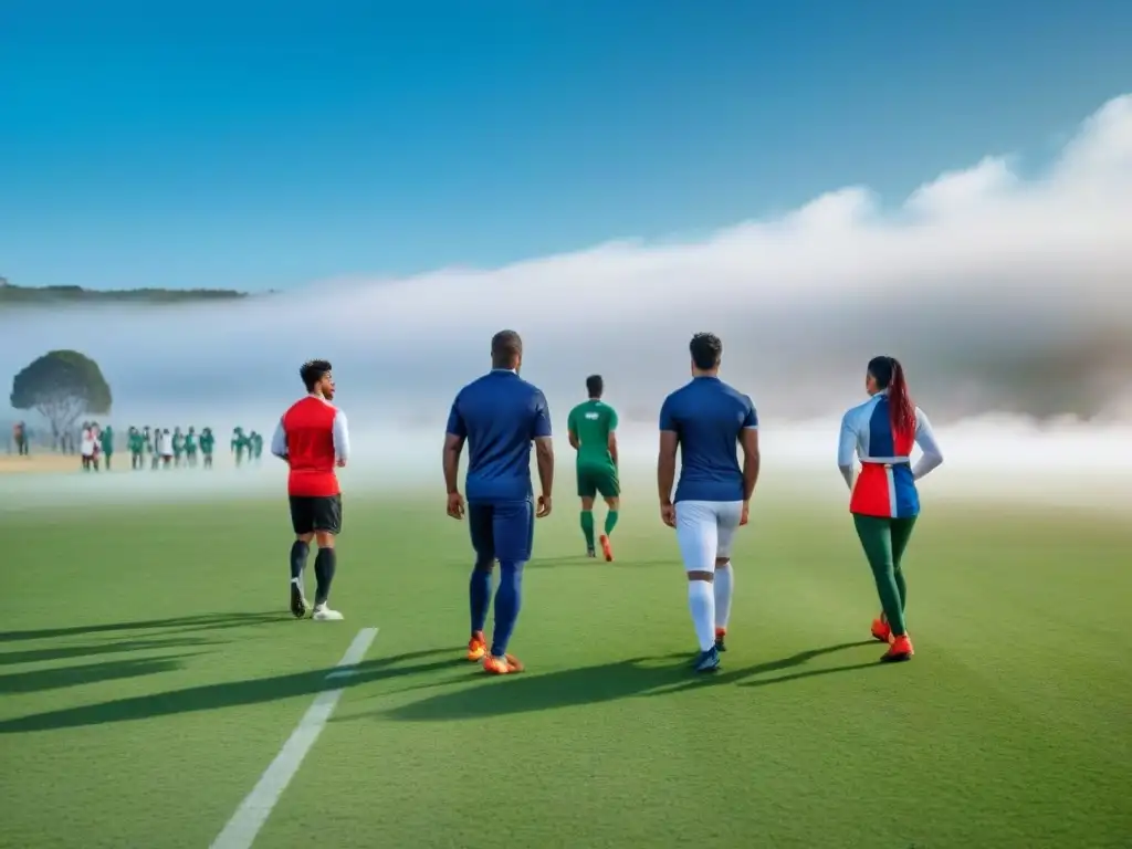 Inclusión educativa a través del deporte en Uruguay: Estudiantes participando en actividades deportivas en campo verde y cielo azul