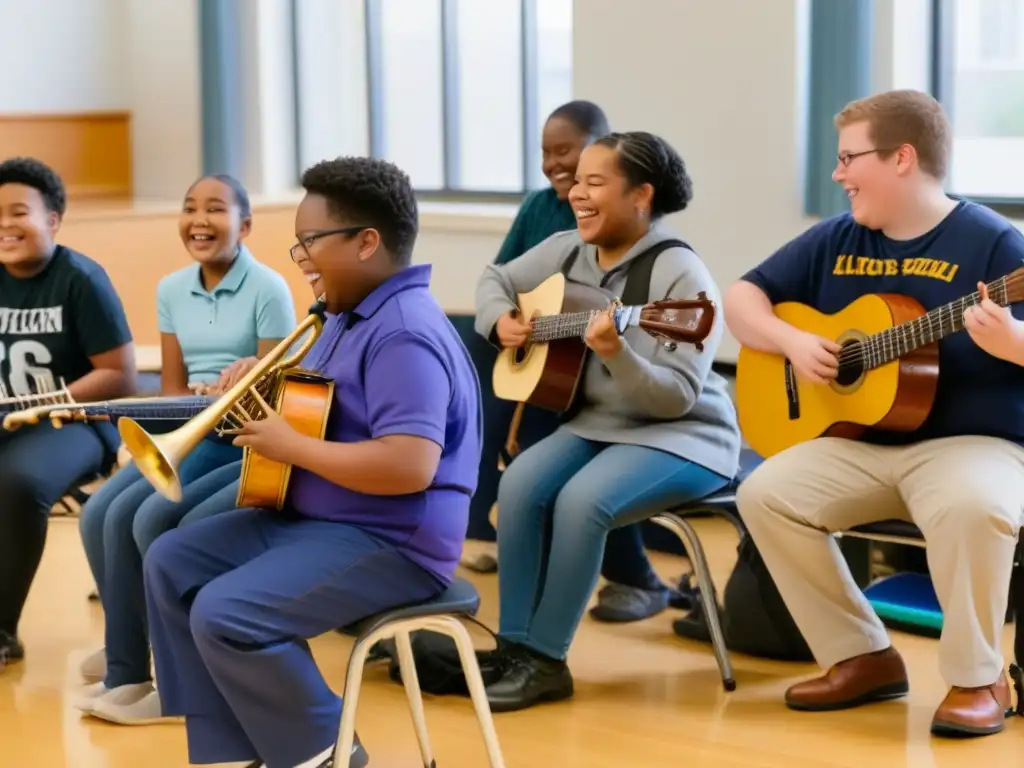 Inclusión educativa a través de la música: Estudiantes con discapacidad tocan juntos instrumentos con alegría en un aula iluminada y acogedora