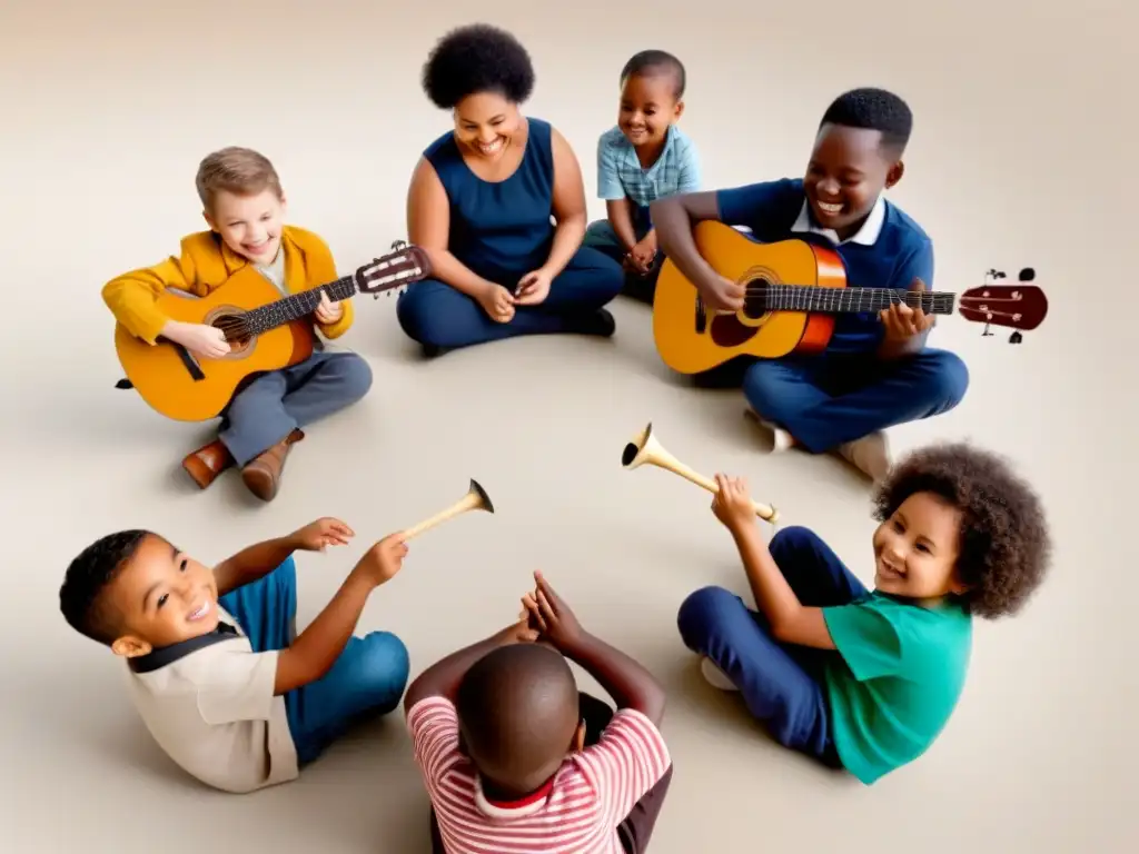 Inclusión educativa a través de la música: Niños de diversas etnias y capacidades tocando instrumentos en armonía y sonriendo