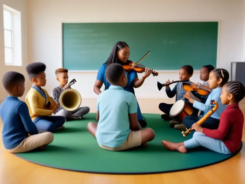 Inclusión educativa a través de la música: Niños de diversas etnias y habilidades tocan instrumentos en armonía en un aula luminosa y espaciosa