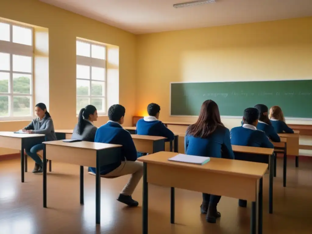 Inmersión lingüística efectiva en Uruguay: estudiantes diversos participando activamente en actividades de inmersión lingüística en un aula luminosa