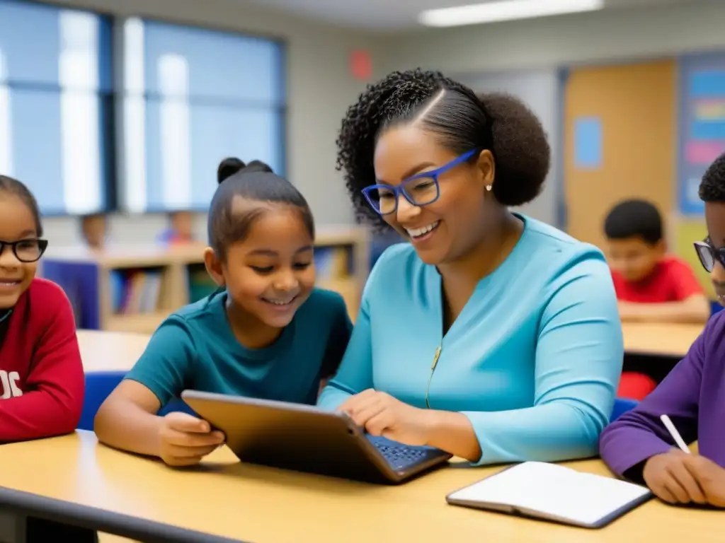 Implementación efectiva de TIC en educación inclusiva: Estudiantes colaborando en aula inclusiva con tecnología educativa