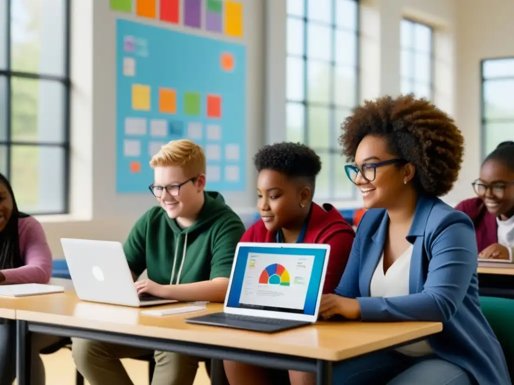 Implementación efectiva de TIC en educación inclusiva: Estudiantes diversos colaborando en aula moderna y acogedora con laptops y tabletas