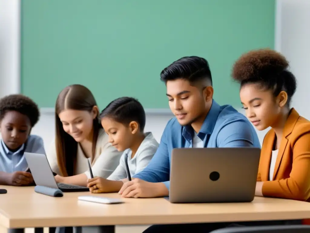 Implementación efectiva de TIC en educación inclusiva: Estudiantes diversos interactúan con tecnología en aula moderna