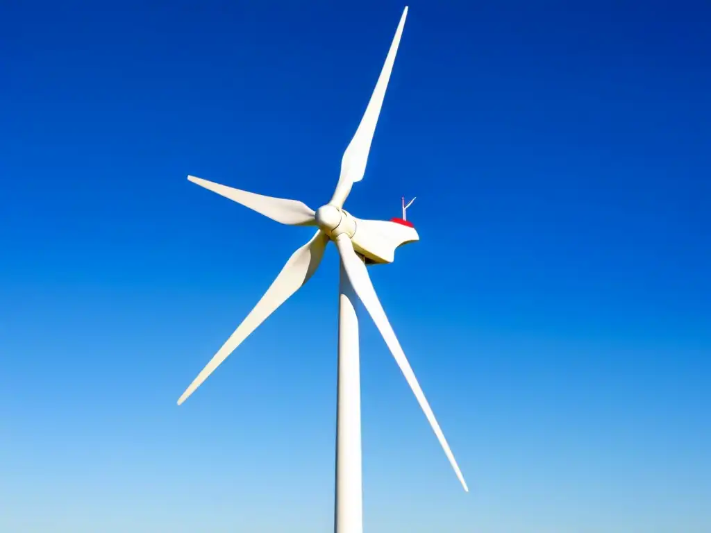 Un elegante aerogenerador moderno contra el cielo azul en Uruguay, simbolizando energías renovables y certificaciones de sostenibilidad