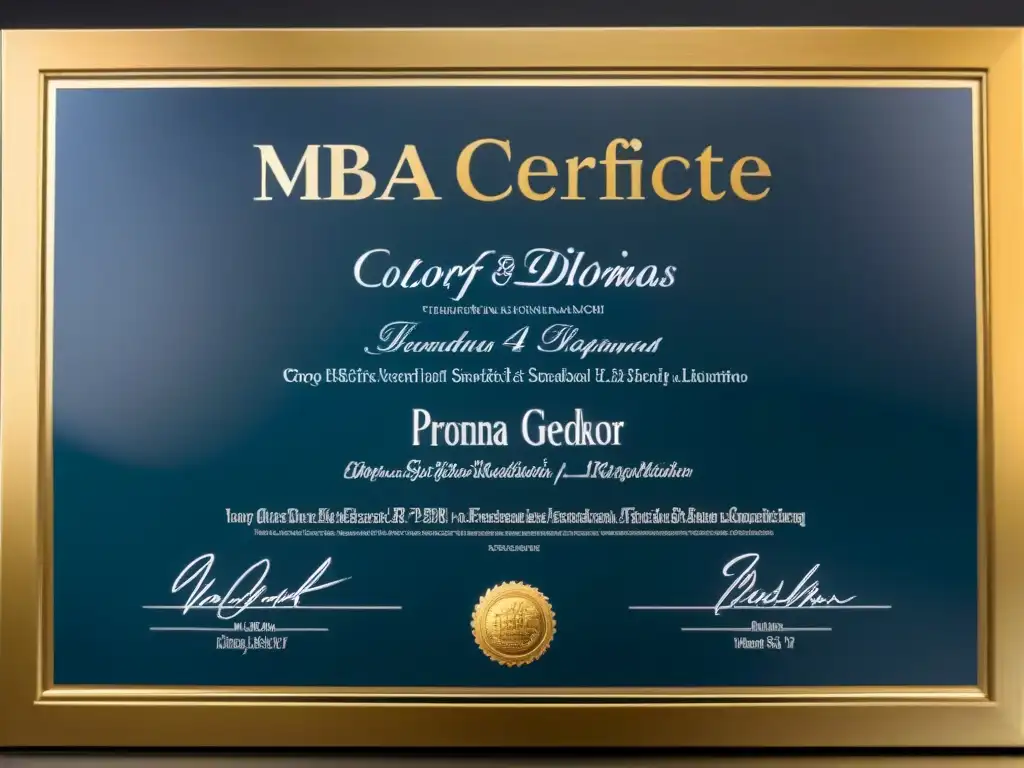 Un elegante diploma de MBA con detalles dorados, reflejando la innovación de los Programas MBA en Uruguay