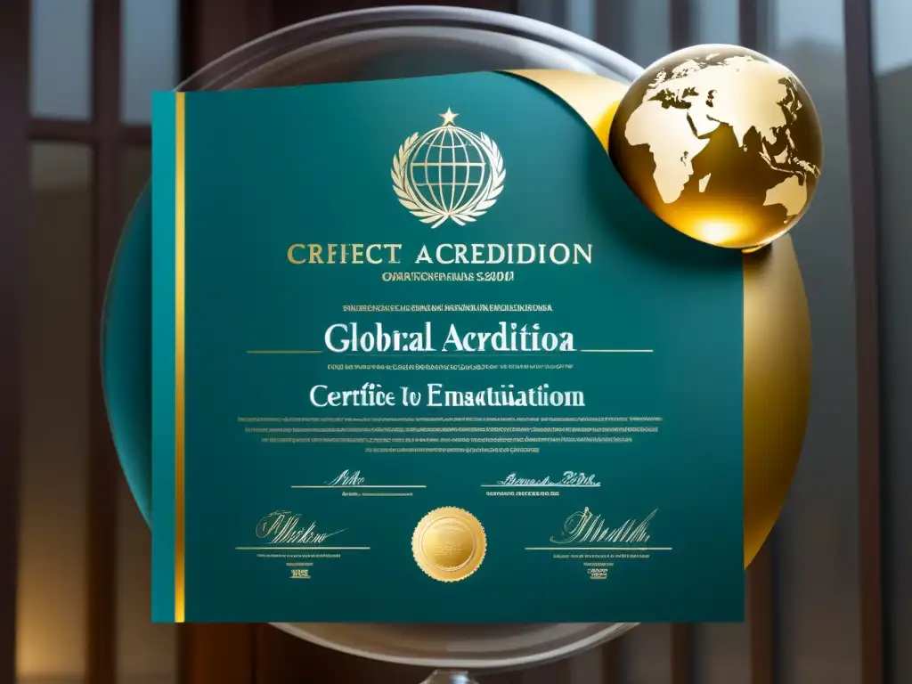 Un elegante diploma de MBA con detalles en relieve y acentos dorados, frente a un sutil fondo de globo terráqueo tras un cristal esmerilado, simbolizando la acreditación internacional MBA en Uruguay