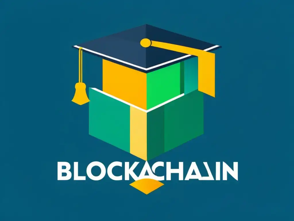 Representación gráfica elegante y minimalista de la tecnología blockchain con elementos educativos, en tonos de azul y verde