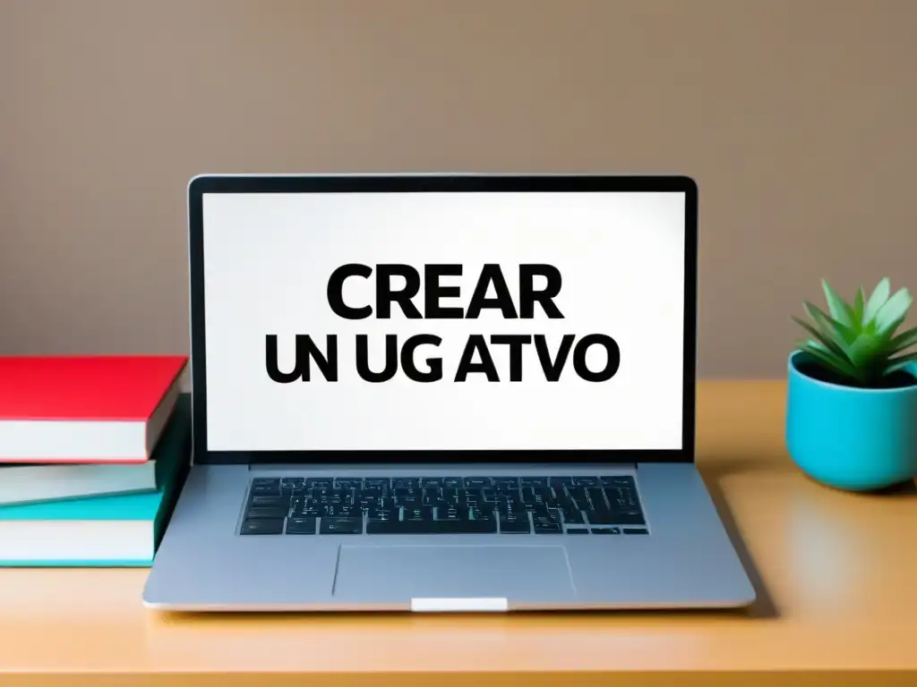 Un elegante portátil muestra un blog educativo uruguayo junto a libros, transmitiendo sofisticación y relevancia