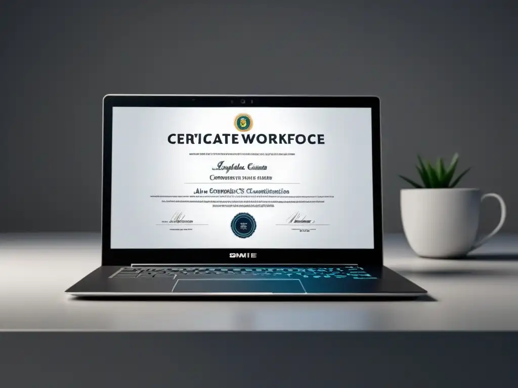 Un elegante portátil muestra una certificación digital en un fondo neutro, simbolizando la certificación de cursos online en el mercado laboral