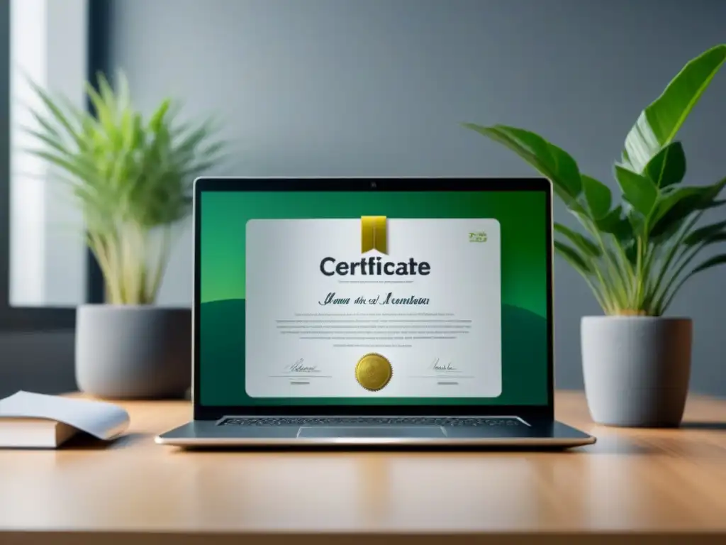 Un elegante portátil muestra un certificado dorado en un entorno moderno con plantas, ideal para 'mejores cursos online certificados Uruguay'