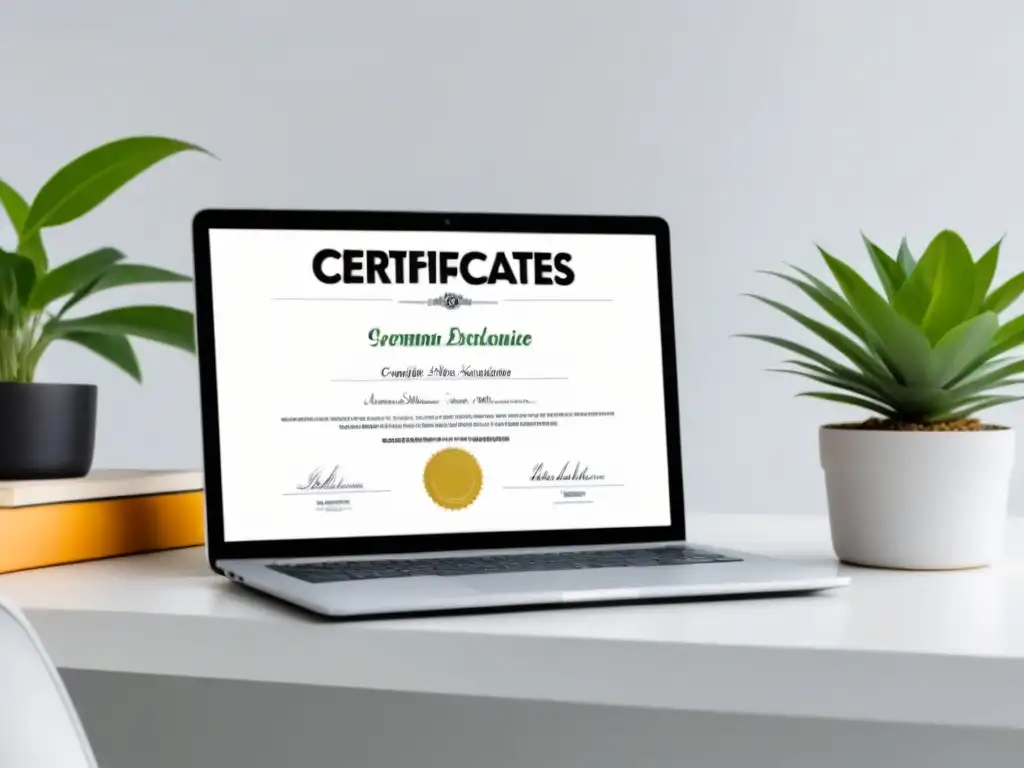 Un elegante portátil muestra certificados de cursos online en Uruguay, en un ambiente de aprendizaje profesional y crecimiento