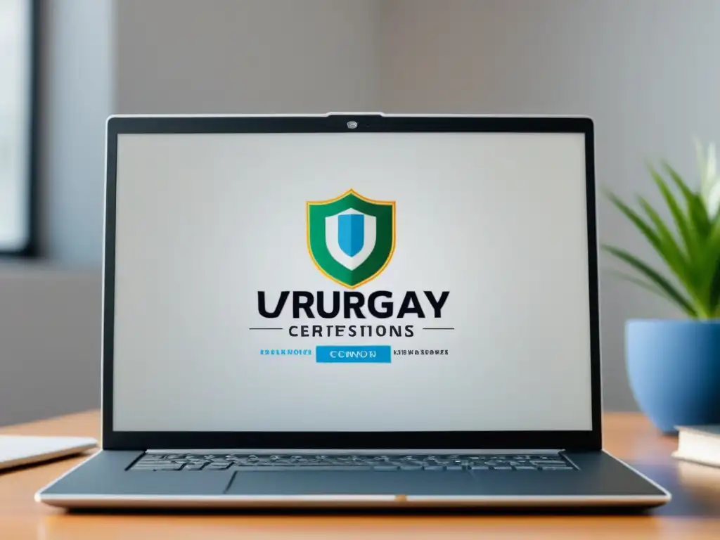 Un elegante portátil muestra certificados digitales de reconocidos cursos online en Uruguay, en un entorno educativo profesional y moderno