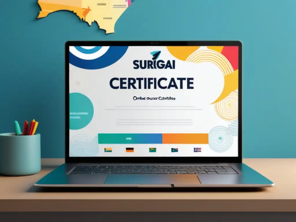 Un elegante portátil muestra certificados online sobre un mapa de Uruguay, simbolizando los mejores cursos online certificados en Uruguay