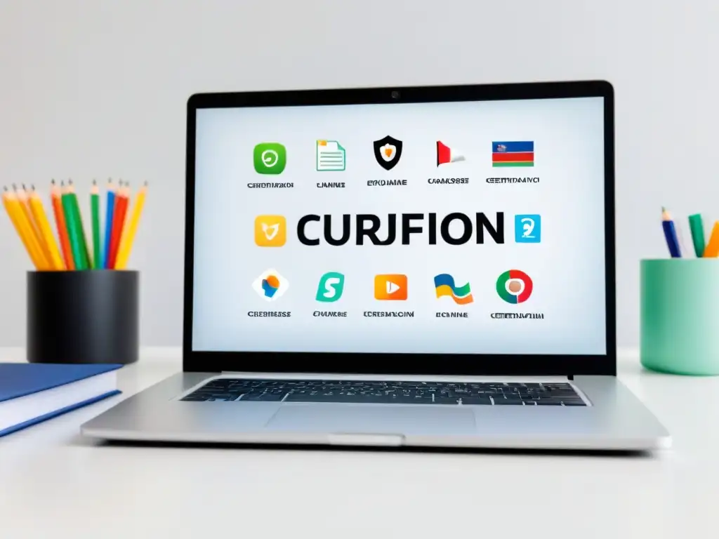 Un elegante portátil muestra íconos de cursos online certificación en Uruguay, sobre un escritorio blanco ordenado