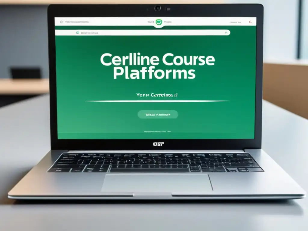 Un elegante portátil muestra plataformas de cursos online con certificación en Uruguay, sobre fondo minimalista