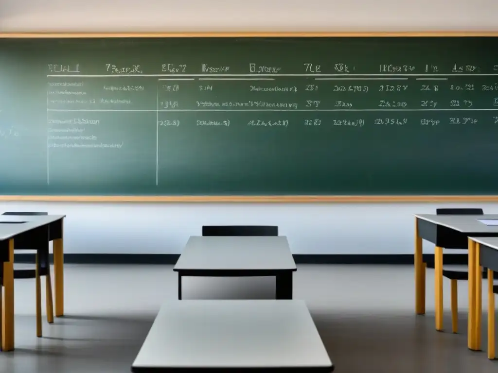 Elegante salón de clases en blanco y negro con pizarrón lleno de ecuaciones matemáticas y diagramas