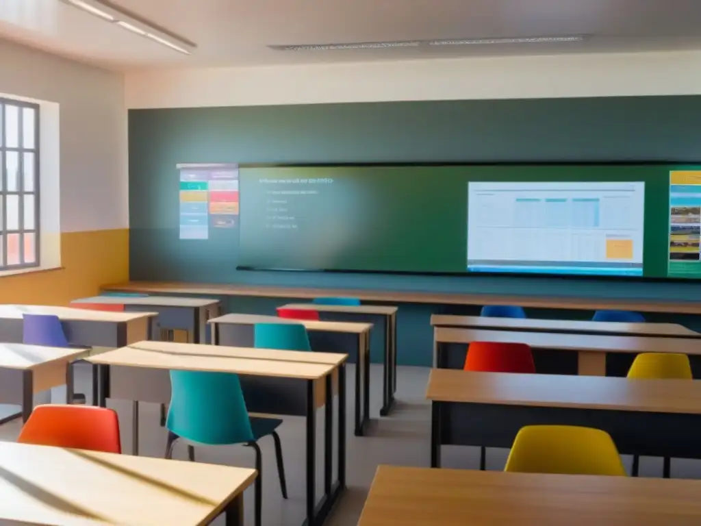 Elegante salón de clases en Uruguay con tecnología educativa y decoración vibrante