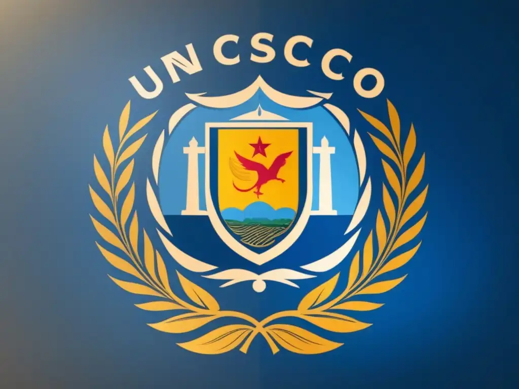 Emblema UNESCO con elementos simbólicos de educación y patrimonio uruguayo en fondo moderno