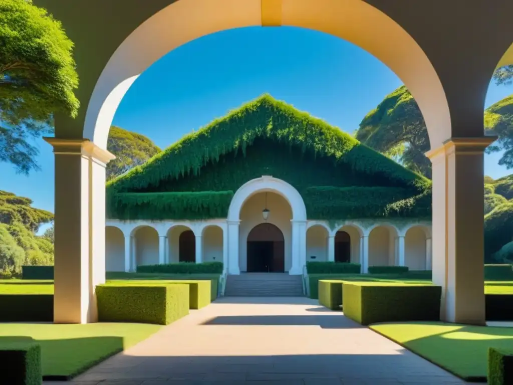 La emblemática entrada de la Universidad de la República en Uruguay, rodeada de vegetación, bajo un cielo azul