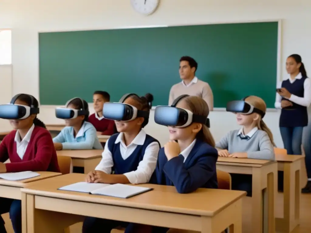 Emocionante clase de Realidad Virtual en educación en Uruguay, estudiantes concentrados en contenido educativo interactivo