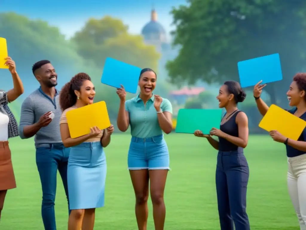 Un emocionante juego educativo para niños de distintas etnias y géneros aprendiendo idiomas en un parque
