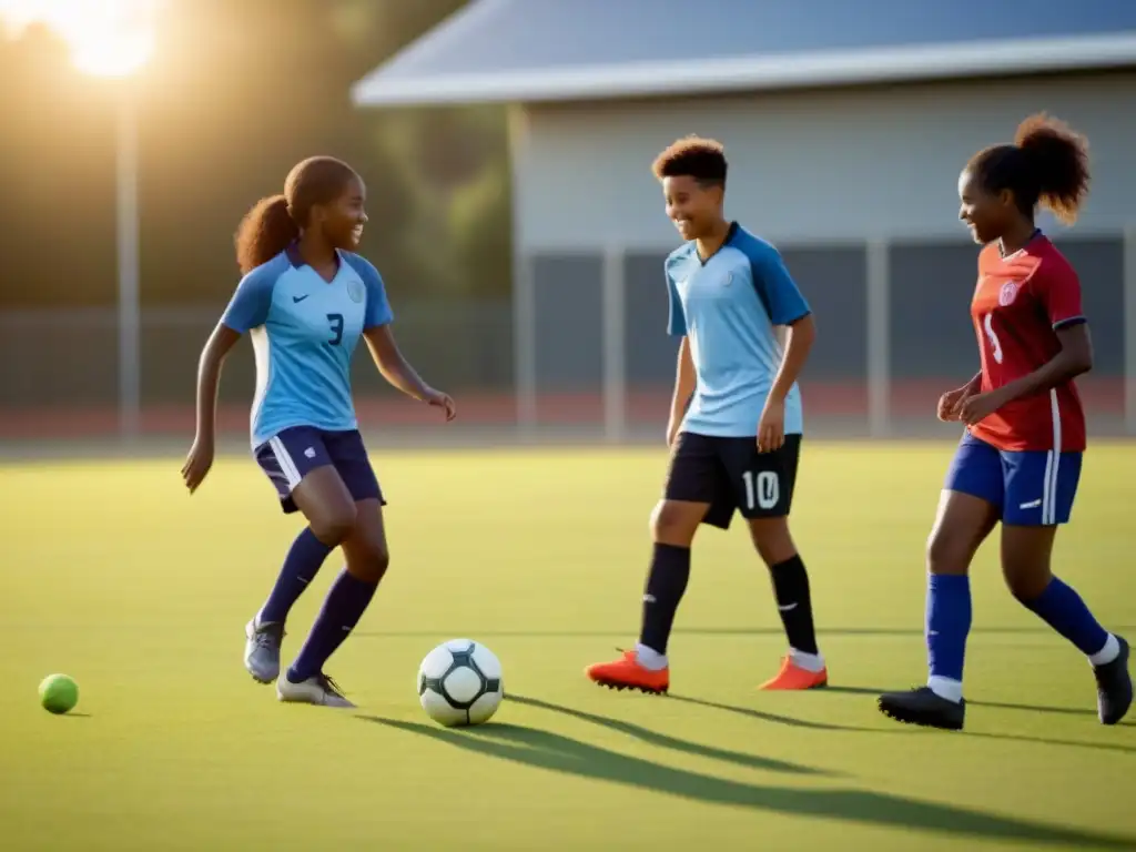 Un emocionante juego de fútbol entre estudiantes diversos en un campo soleado, destacando la unidad y la actividad física