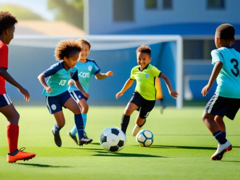 Un emocionante juego de fútbol infantil en un campo verde, resaltando la inclusión educativa a través del deporte en Uruguay