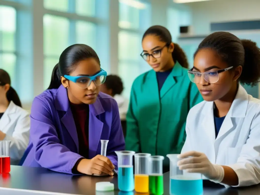 Un emocionante laboratorio científico en escuela uruguaya: estudiantes diversos colaborando en experimentos con equipamiento moderno