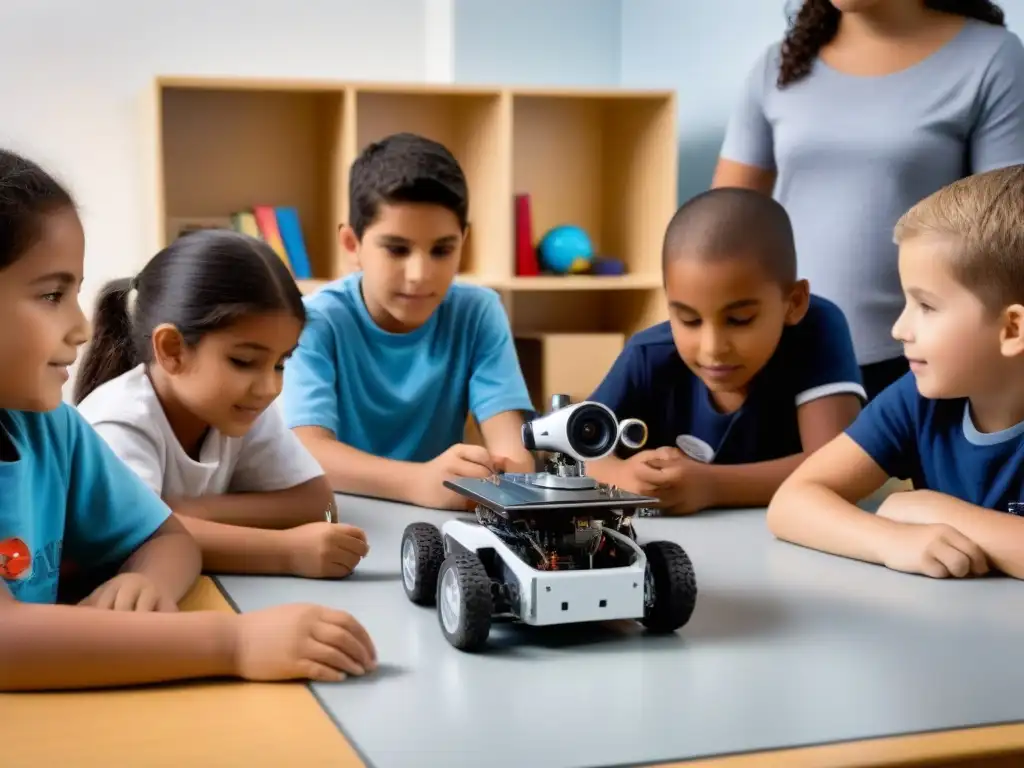 Un emocionante momento de aprendizaje colaborativo en robótica educativa en Uruguay, con niños entusiasmados en clase