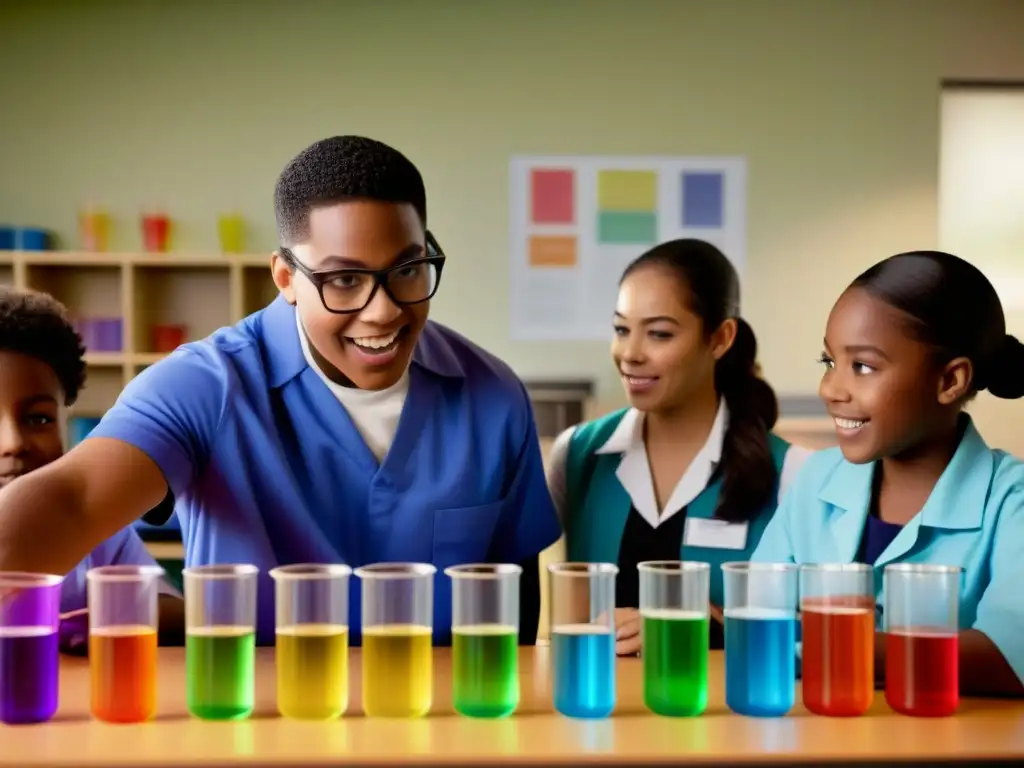 Emocionantes experimentos científicos en un aula, fomentando la colaboración y el aprendizaje, ideal para ciencias ciudadanas en Uruguay