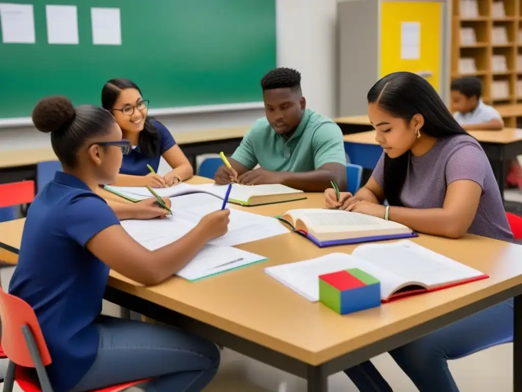 Emotiva escena de diversidad en aula moderna, ilustrando colaboración entre estudiantes inmersos en diversas tareas educativas