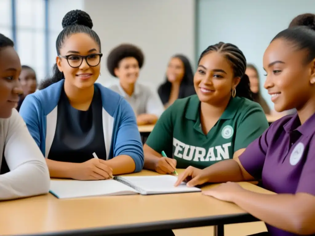 Una emotiva escena de orientación vocacional inclusiva en Uruguay, donde estudiantes diversos reciben apoyo de maestros y consejeros