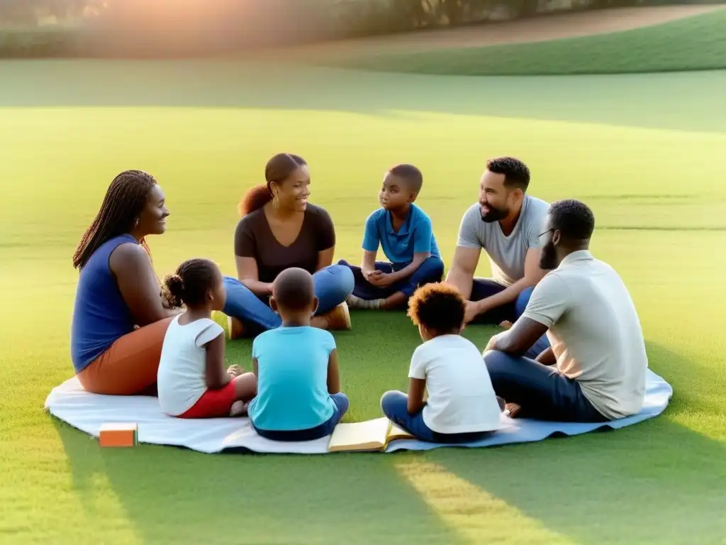 Ilustración emotiva de familias diversas en círculo, participando en educación inclusiva, con materiales educativos y atmósfera armoniosa al atardecer