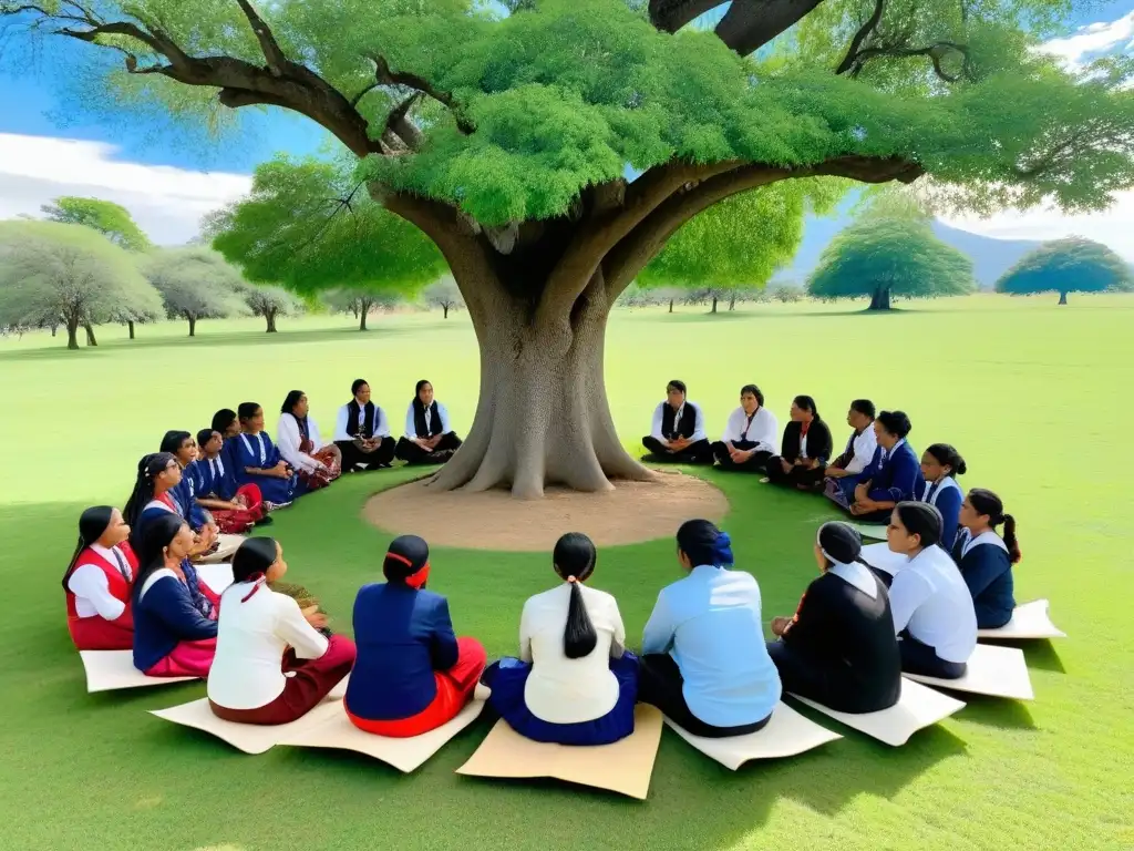 Emotivo círculo de estudiantes indígenas en Uruguay, aprendiendo juntos bajo un árbol en un campo colorido