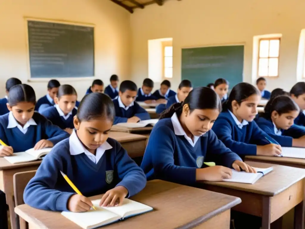 Empoderamiento de comunidades educativas rurales: Imagen detallada de aula rural en Uruguay con estudiantes participando activamente en tecnología