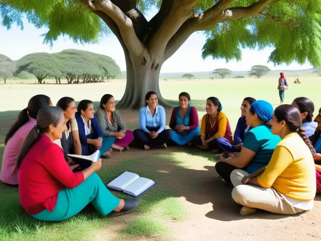 Encuentro de mujeres rurales en Uruguay, empoderamiento y educación en vibrante comunidad bajo un árbol