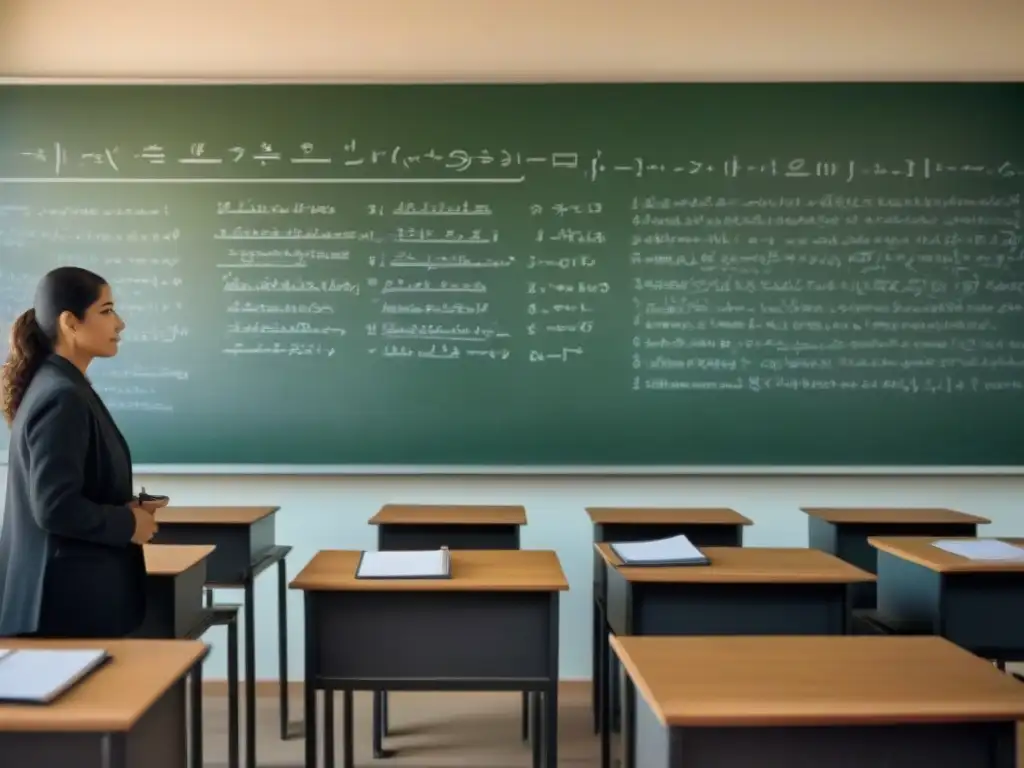 Enseñanza de física en Uruguay: Ilustración detallada y minimalista de un aula con pizarrón lleno de ecuaciones y profesor enseñando a estudiantes