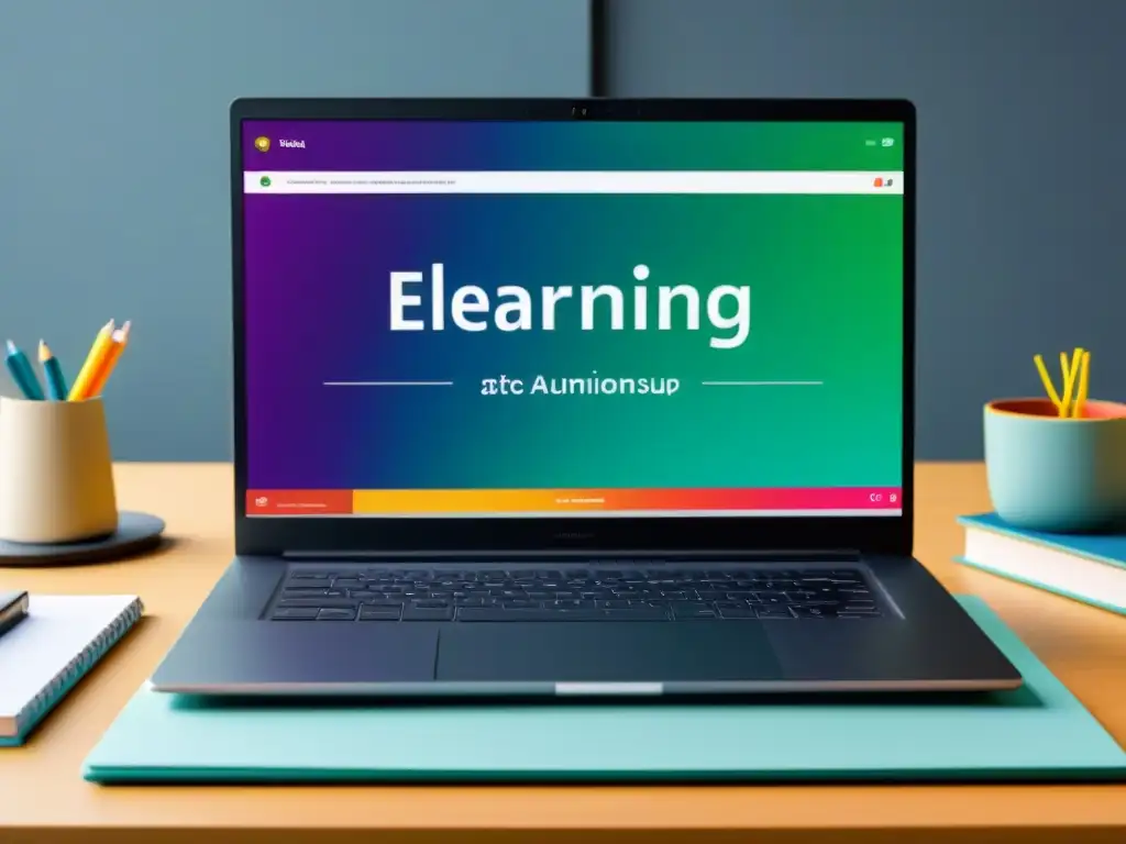 Un entorno de aprendizaje autónomo en Uruguay: laptop moderna con plataforma interactiva elearning y materiales de estudio ordenados