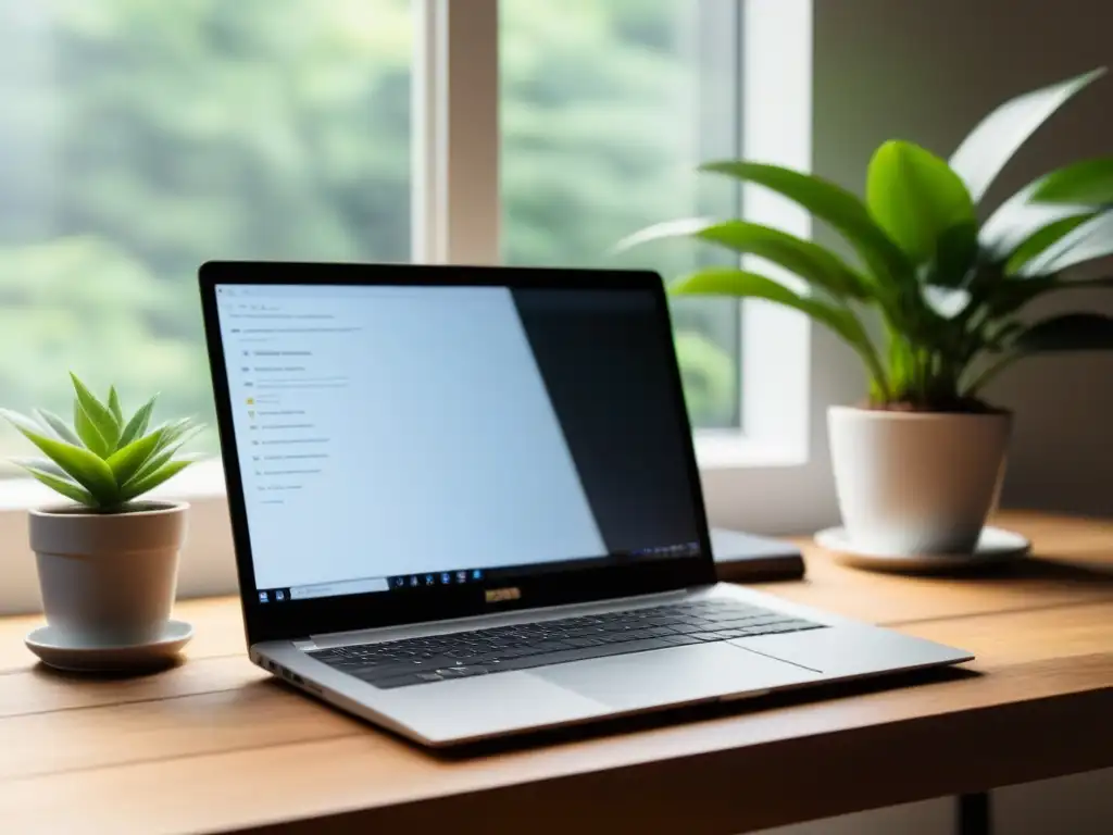 Un entorno de estudio sereno y enfocado para educación a distancia en Uruguay: laptop moderna en un escritorio de madera con libros, planta y café