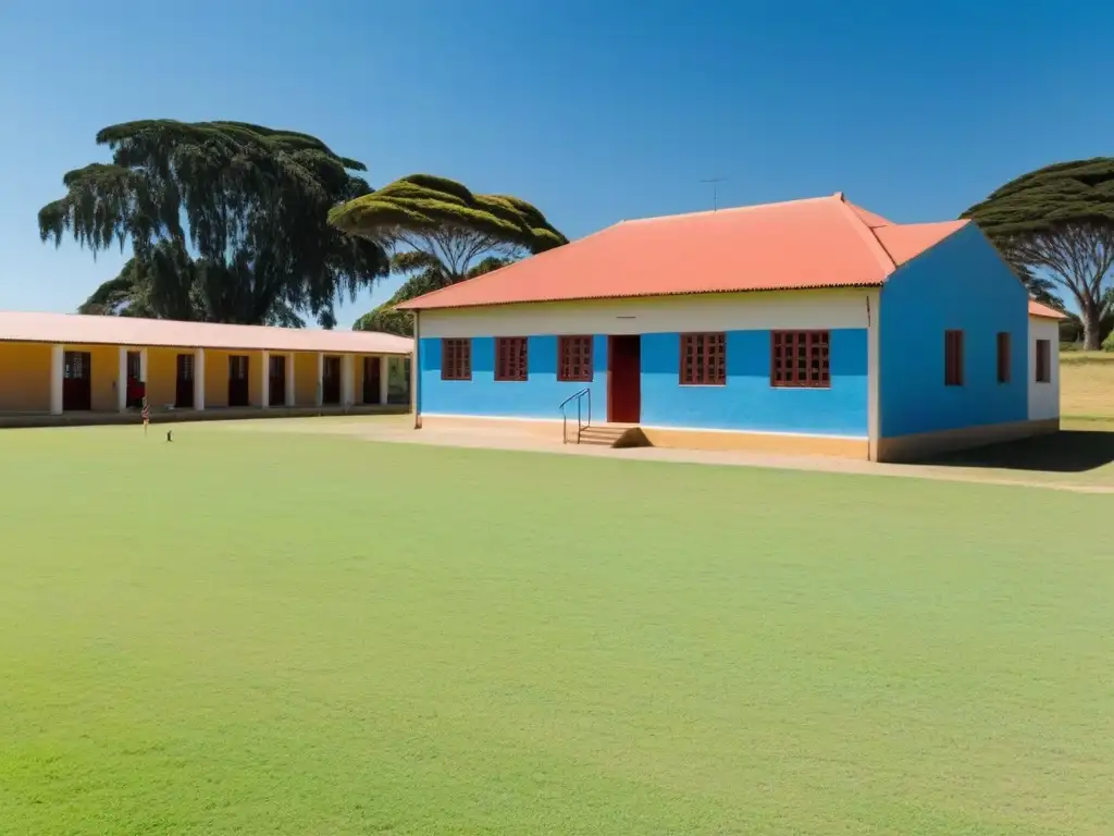 Un entorno rural sereno en Uruguay con una escuela rodeada de campos verdes, niños jugando y el involucramiento comunidad educativa en Uruguay