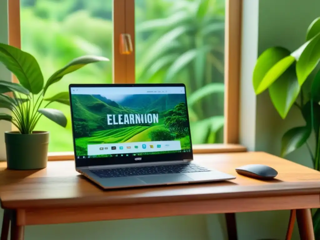 Un entorno sereno con un portátil en un escritorio de madera, rodeado de vegetación y luz natural