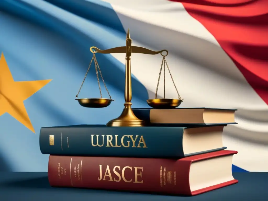 Equilibrio legal y académico en Uruguay: escamas de justicia sobre libros, bandera ondeando