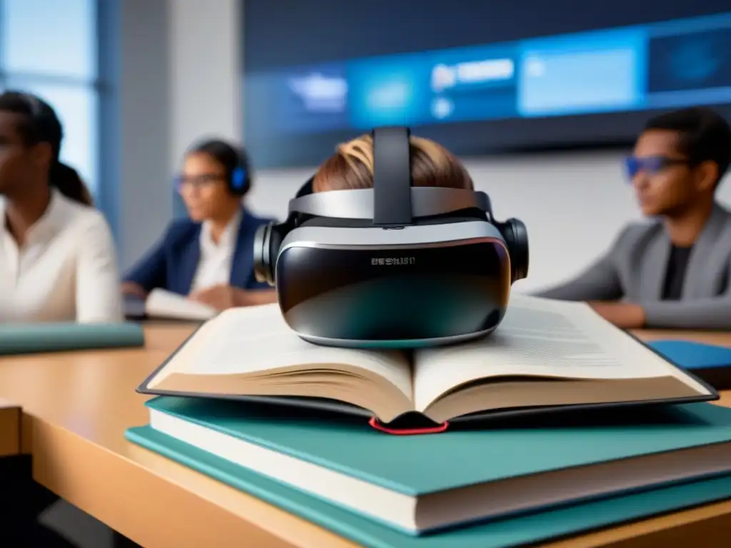 Equipamiento de Realidad Virtual en aulas de Uruguay: casco VR sobre libro, con aula digital futurista y estudiantes inmersos en aprendizaje virtual